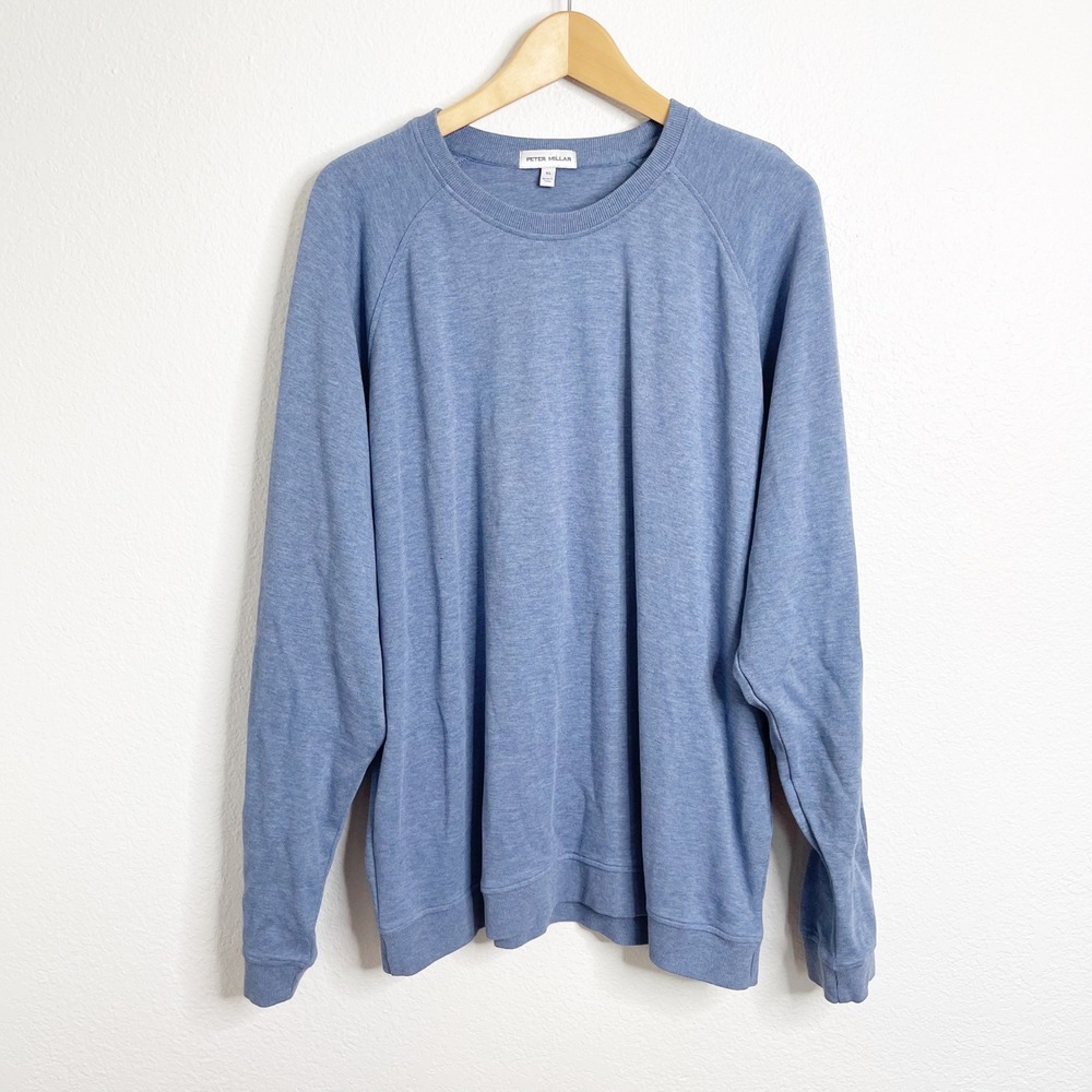 Peter Millar Mens XL Blue Heather Organic Cotton Modal Raglan Crew Sweatshirt